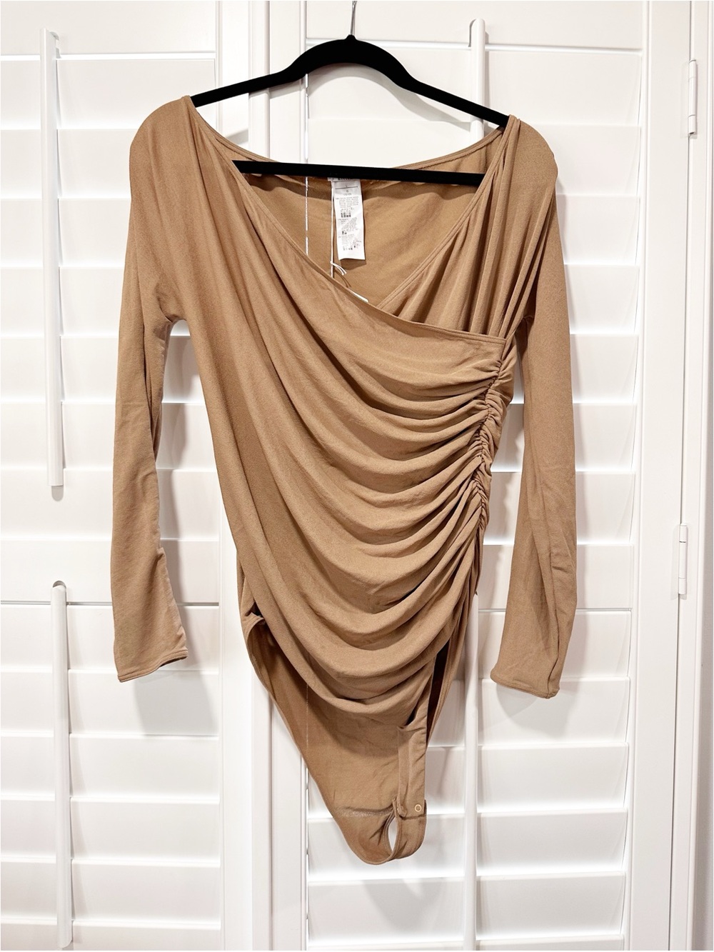 Wolford Mocha Ruched Asymmetric Long Sleeve Bodysuit Size L NWT Stretch Nude